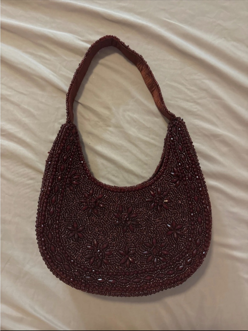 Beaded Floral Hobo Shoulder Bag in Deep Burgundy